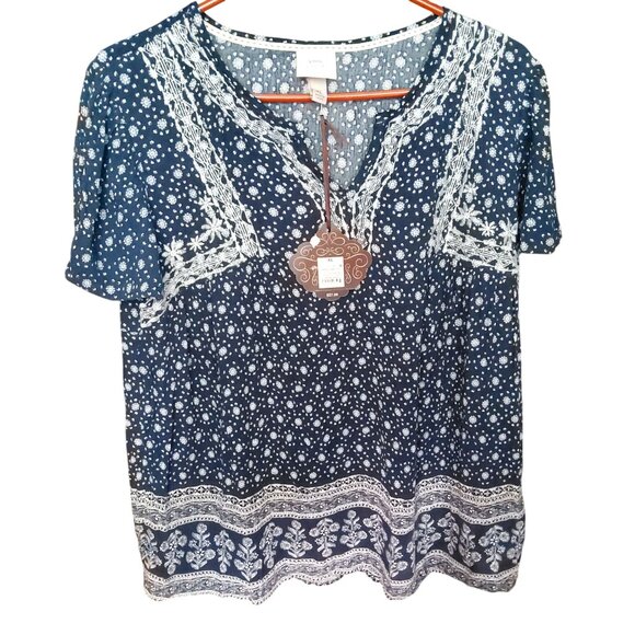 Knox Rose Womens XL Blouse Blue & White Floral Print Rayon Short Sleeve - Picture 2 of 12